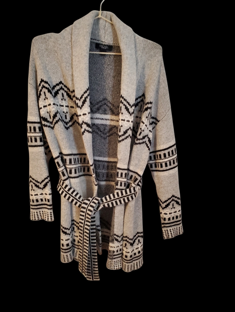 RACHEL Rachel Roy Gray and Black Patterned Shawl-Collar Belted Cardigan